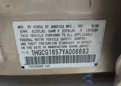 2000 Honda Accord 3.0 Ex из США, поврежденный, VIN 1HGCG1657YA006693